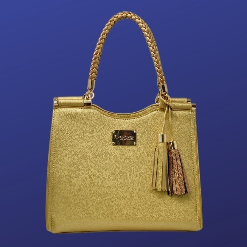 BEBE Natalie Shopper Women’s Tote Satchel Handbag Purse, GOLD METALLIC, NWT